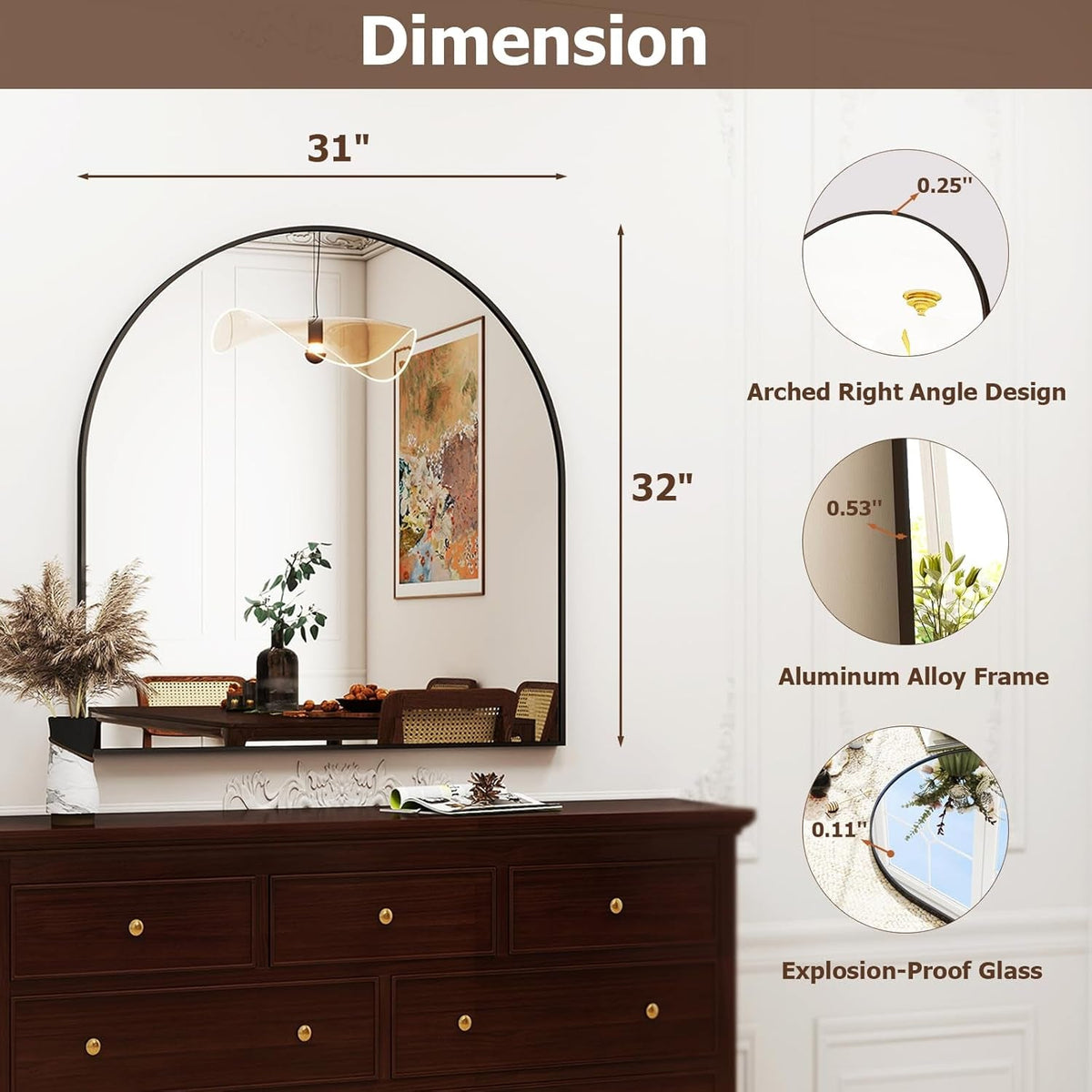 32x31 Inch Arched Bathroom Mirror Black Metal Frame
