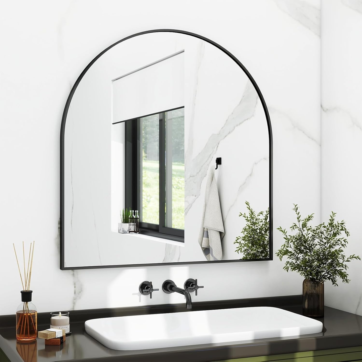 32x31 Inch Arched Bathroom Mirror Black Metal Frame
