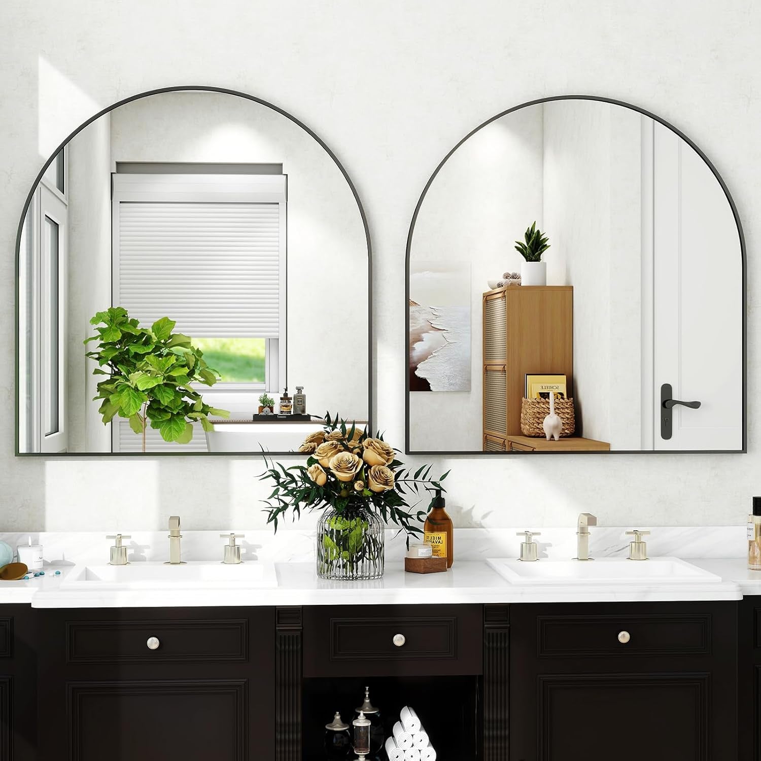 32x31 Inch Arched Bathroom Mirror Black Metal Frame