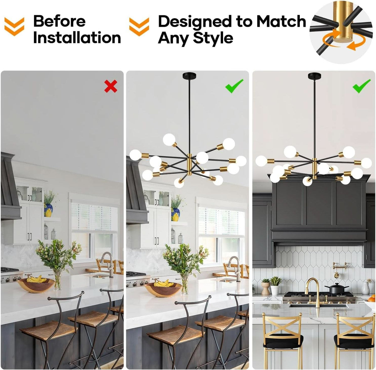 33 Inch Modern Black Gold Chandelier 12 Light Adjustable