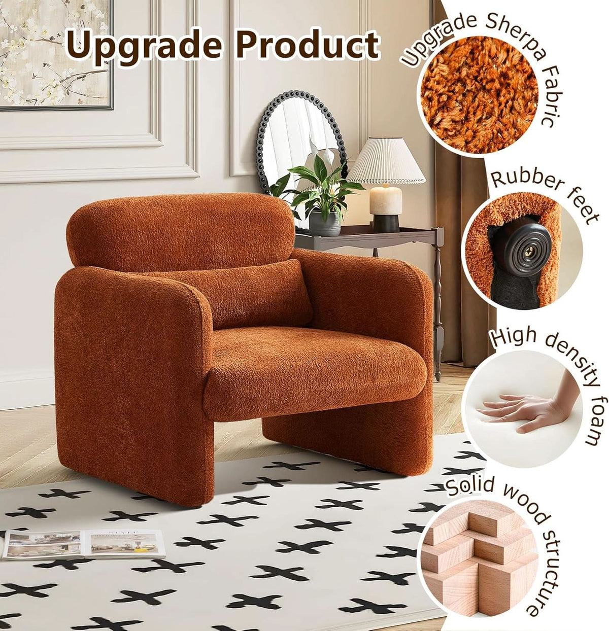 33.86 Inch Sherpa Upholstered Armchair For LivingRoom