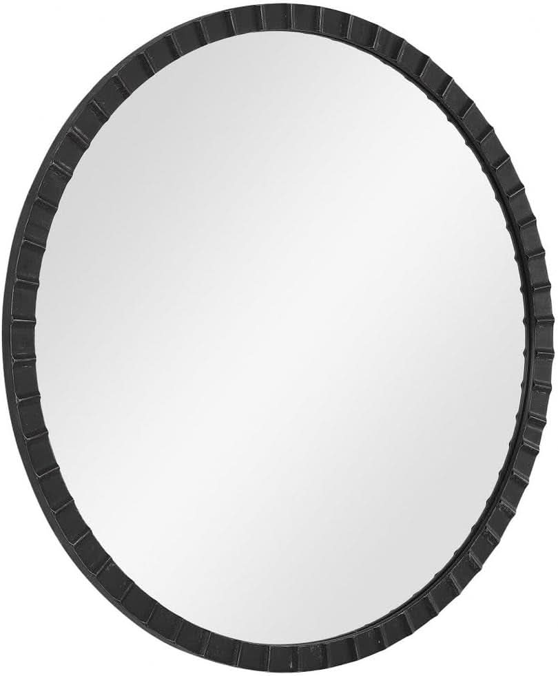 34 Inch Round Industrial Mirror Wall Mounted Matte Black Silver Finish
