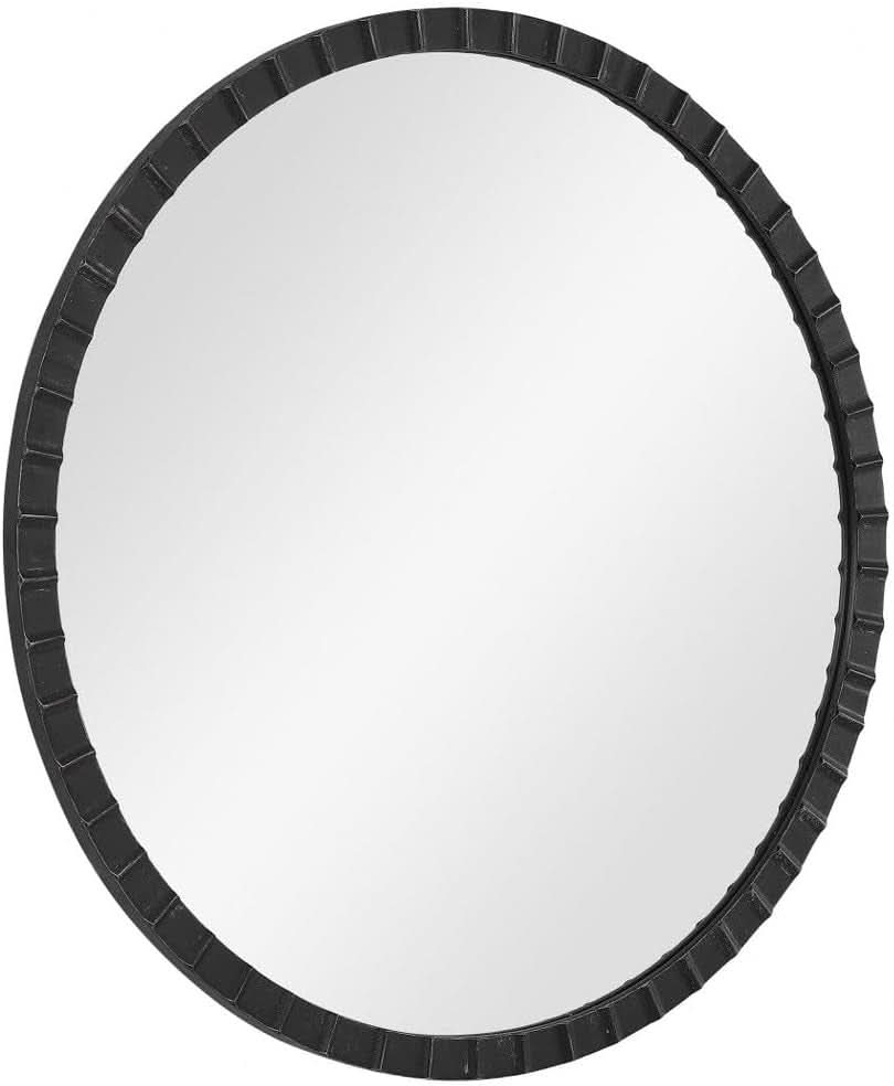 34 Inch Round Industrial Mirror Wall Mounted Matte Black Silver Finish
