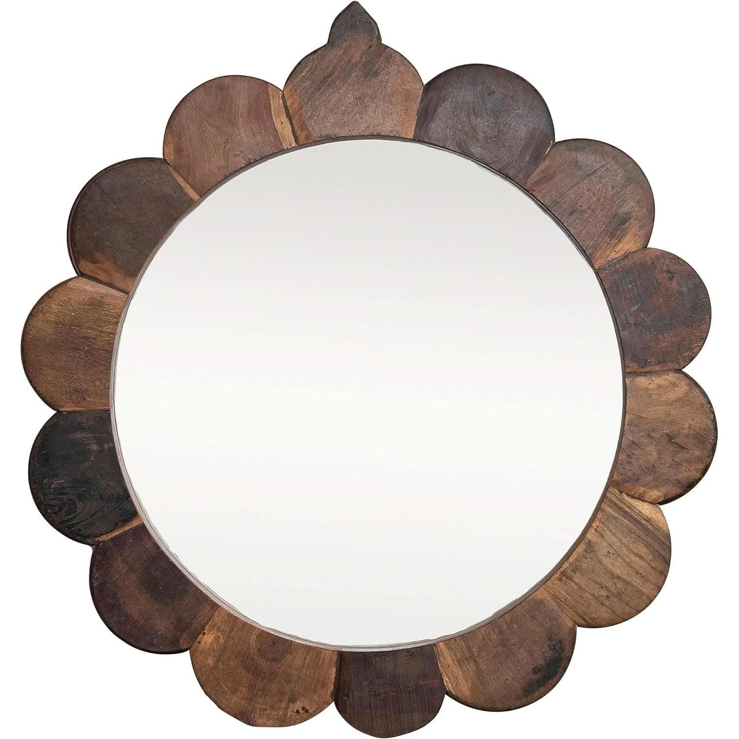 35 Inch Round Scalloped Wall Mirror With Reclaimed Wood