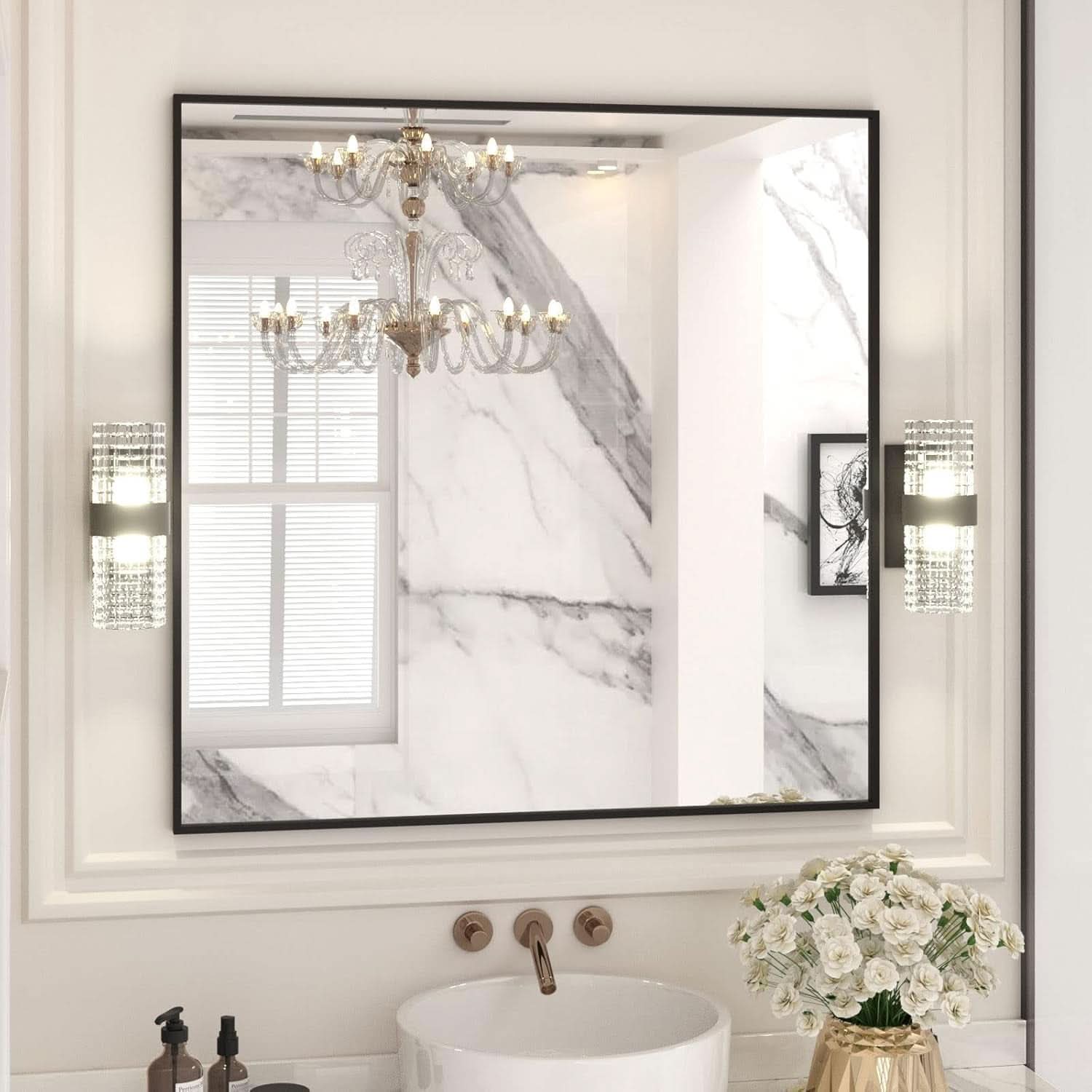 36 Inch Black Rectangle Bathroom Mirror With Tempered Glass