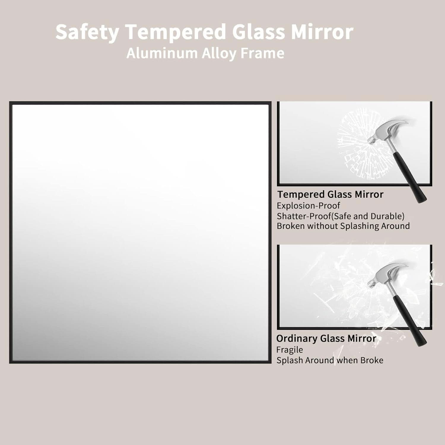 36 Inch Black Rectangle Bathroom Mirror With Tempered Glass
