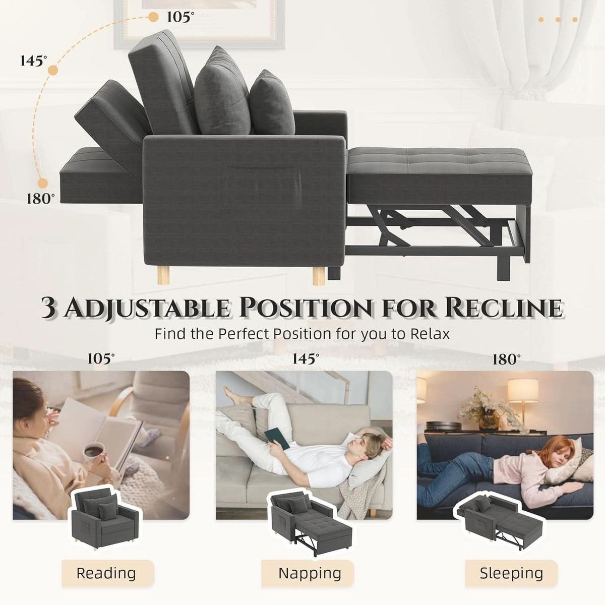 36 Inch Convertible Sleeper Chair GreyTexturedFabric