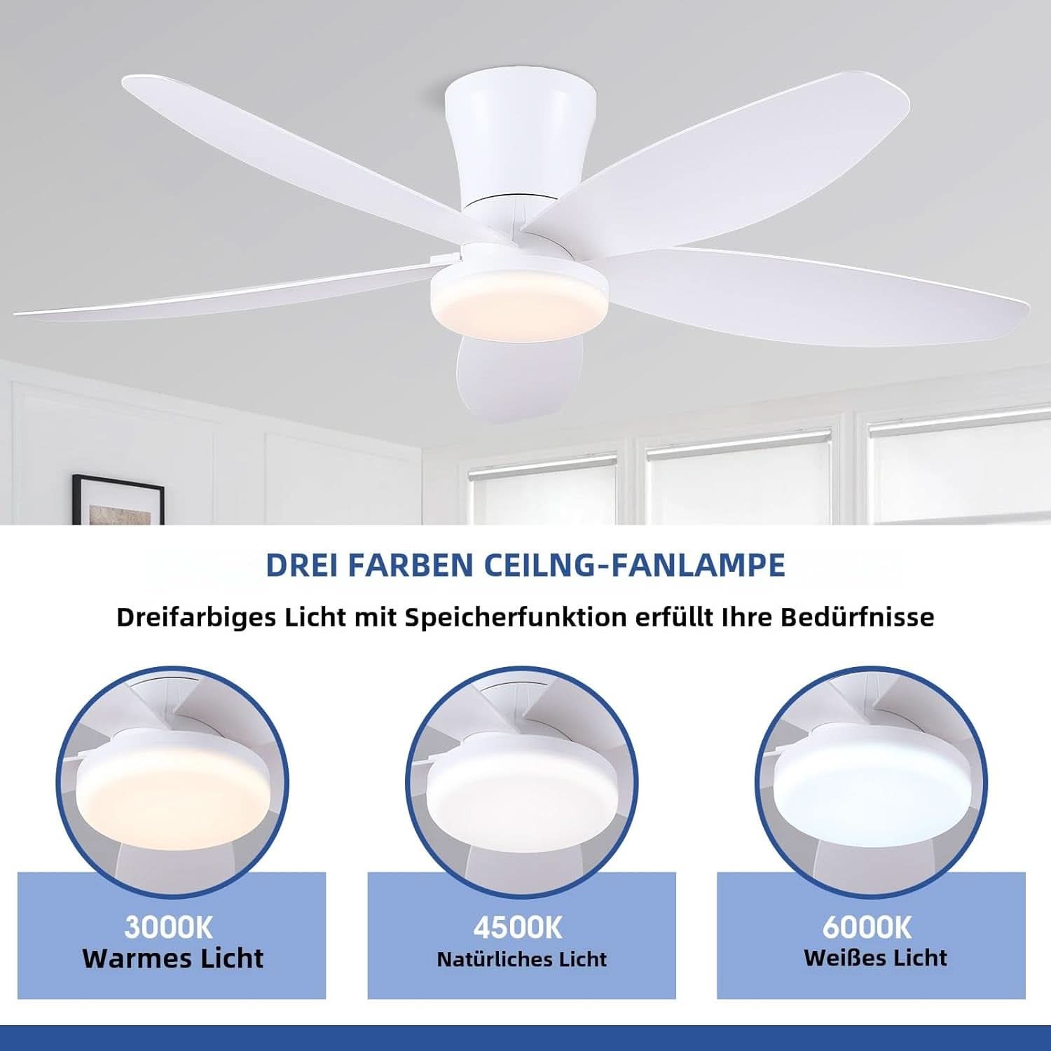 36 Inch White Ceiling Fan With Dimmable LED Remote App Control Energy Efficient