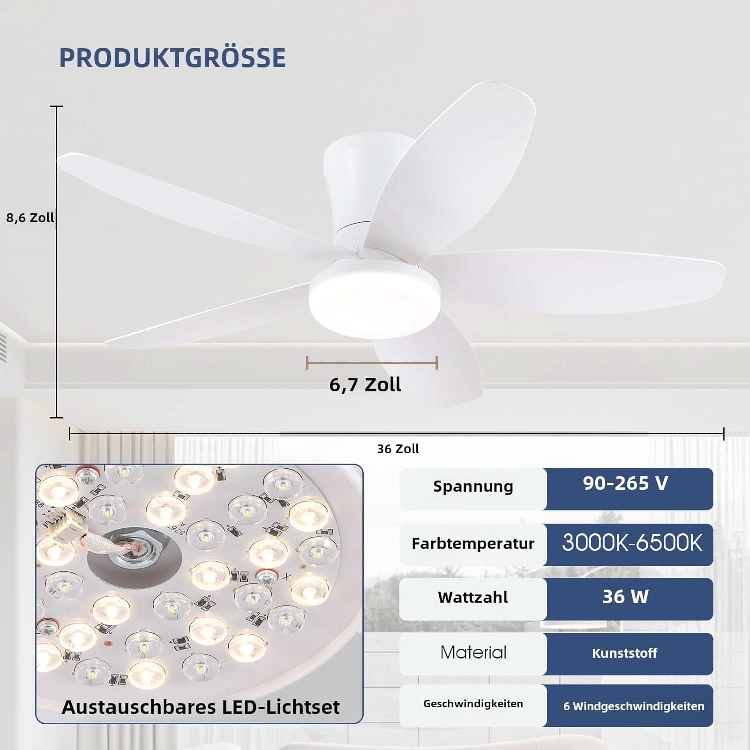 36 Inch White Ceiling Fan With Dimmable LED Remote App Control Energy Efficient
