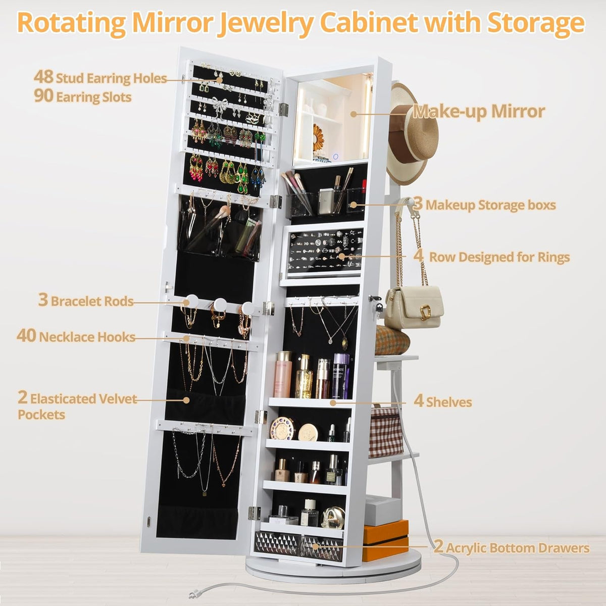 360 Degree Swivel Mirrored Jewelry Cabinet With LED Lights White