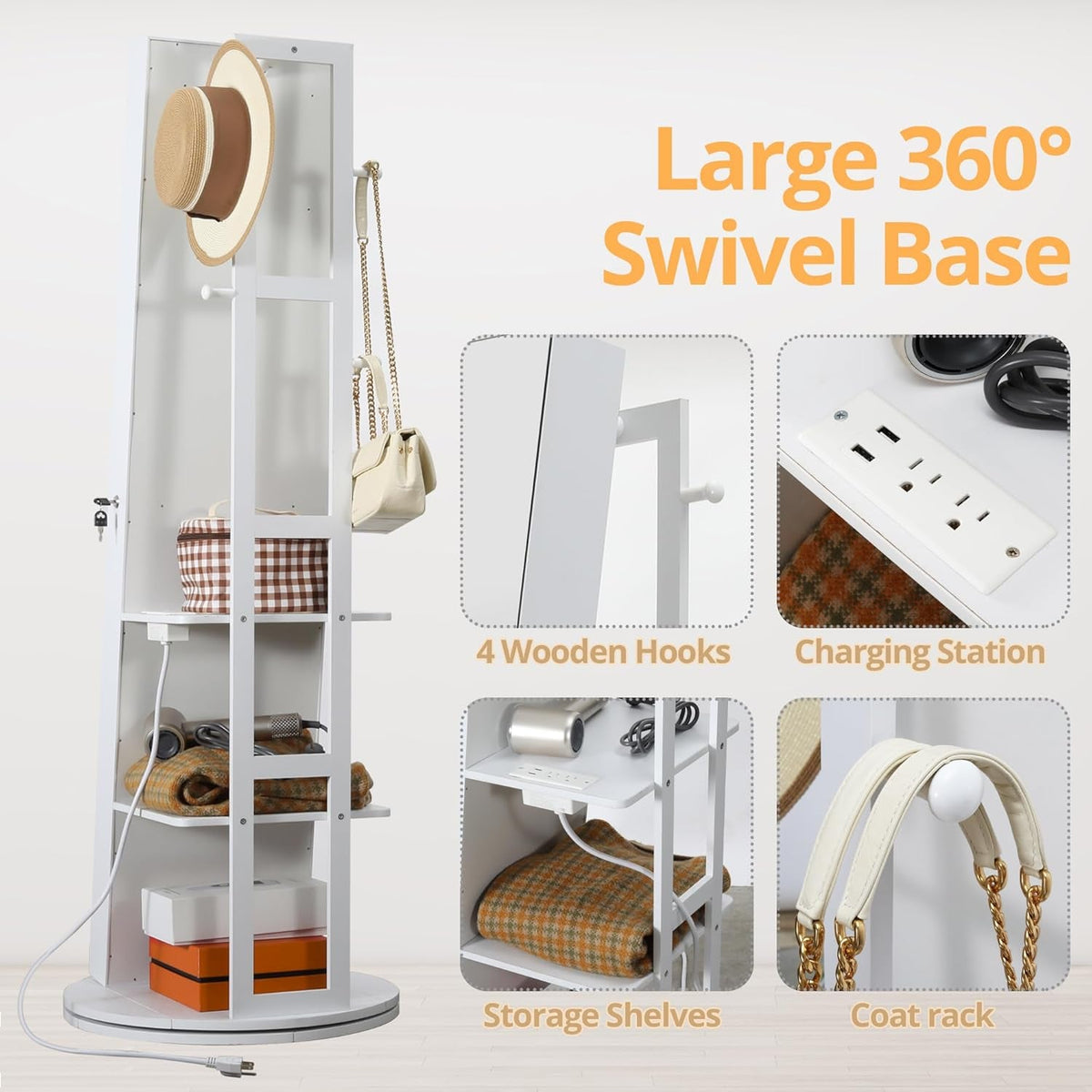 360 Degree Swivel Mirrored Jewelry Cabinet With LED Lights White