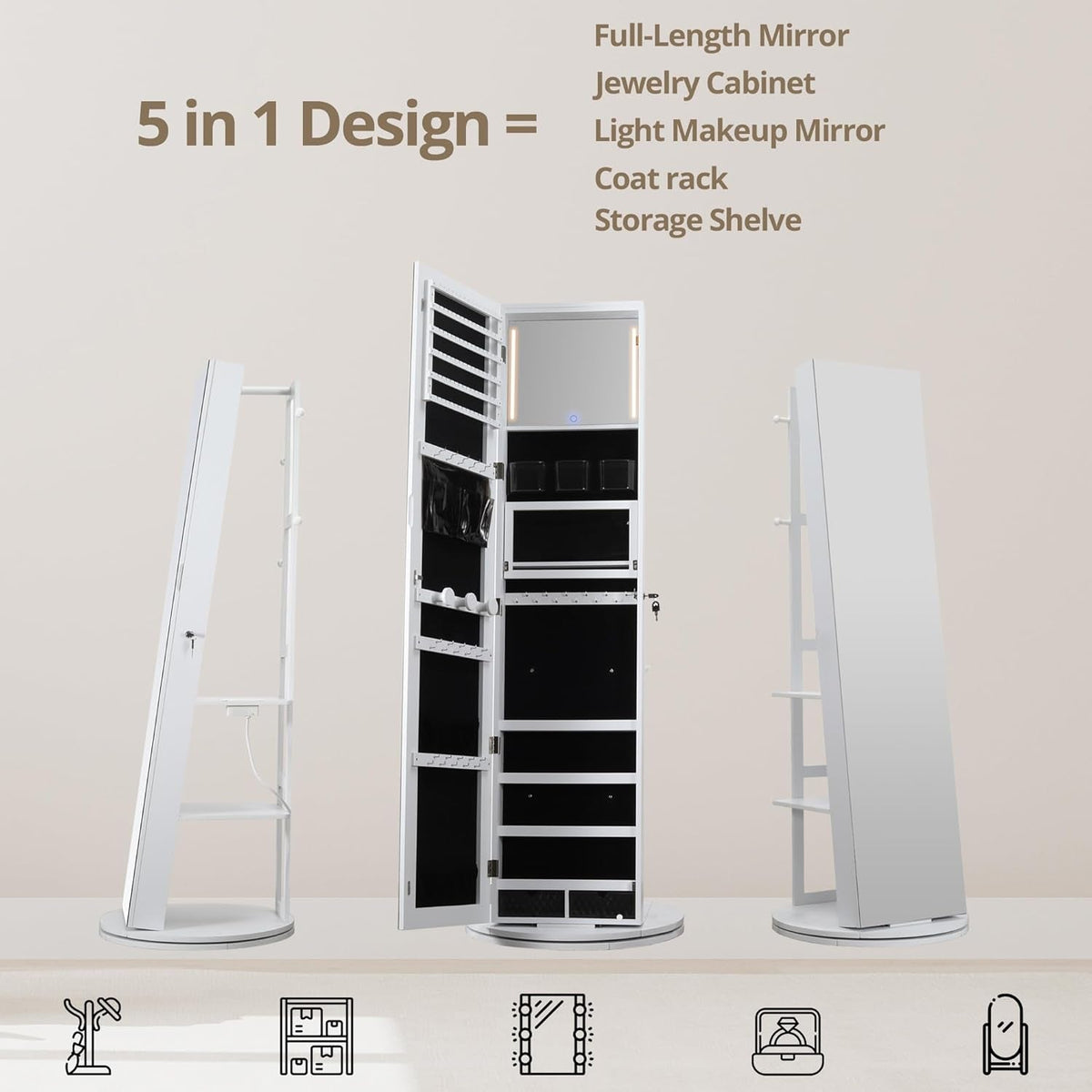360 Degree Swivel Mirrored Jewelry Cabinet With LED Lights White