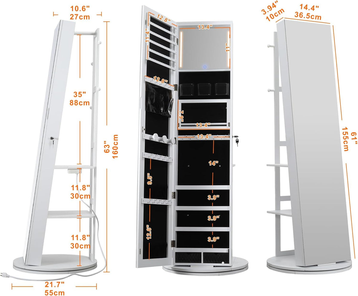 360 Degree Swivel Mirrored Jewelry Cabinet With LED Lights White