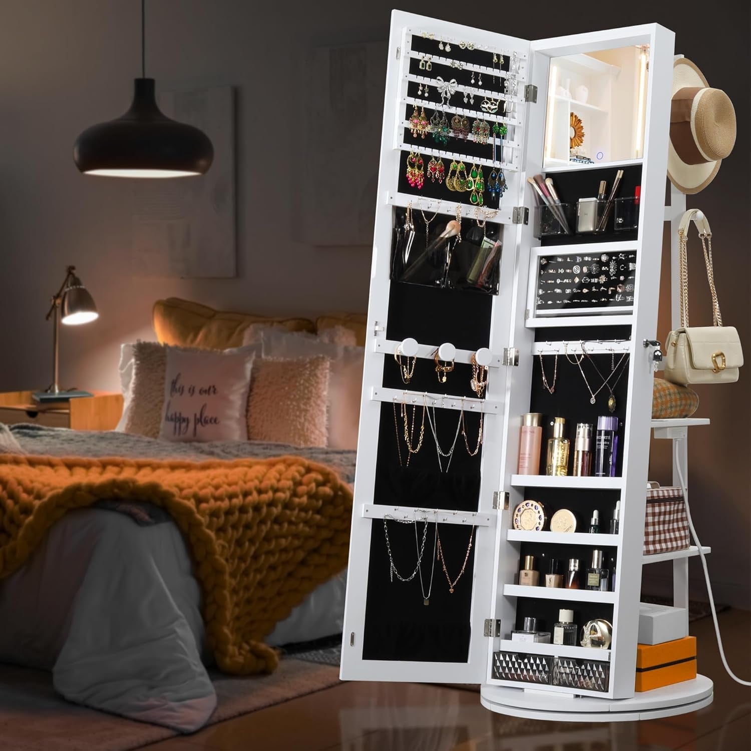 360 Degree Swivel Mirrored Jewelry Cabinet With LED Lights White