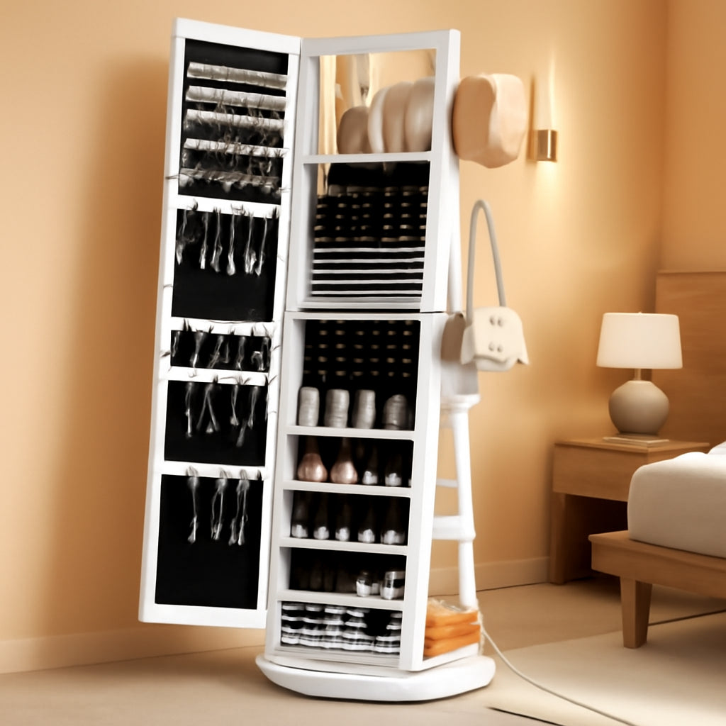 360 Degree Swivel Mirrored Jewelry Cabinet With LED Lights White
