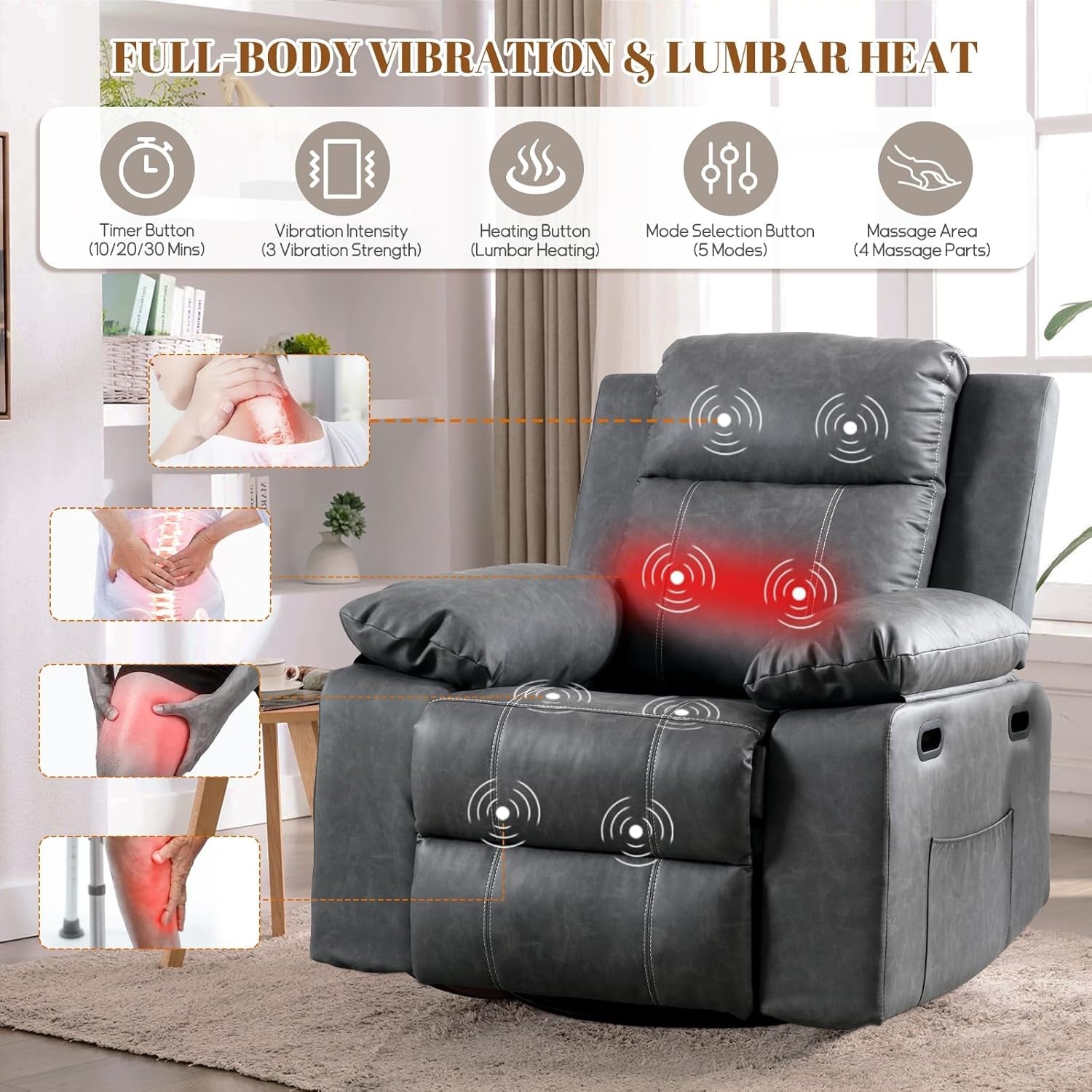 360 Degree Swivel Recliner Chair With Massage And Heat Grey