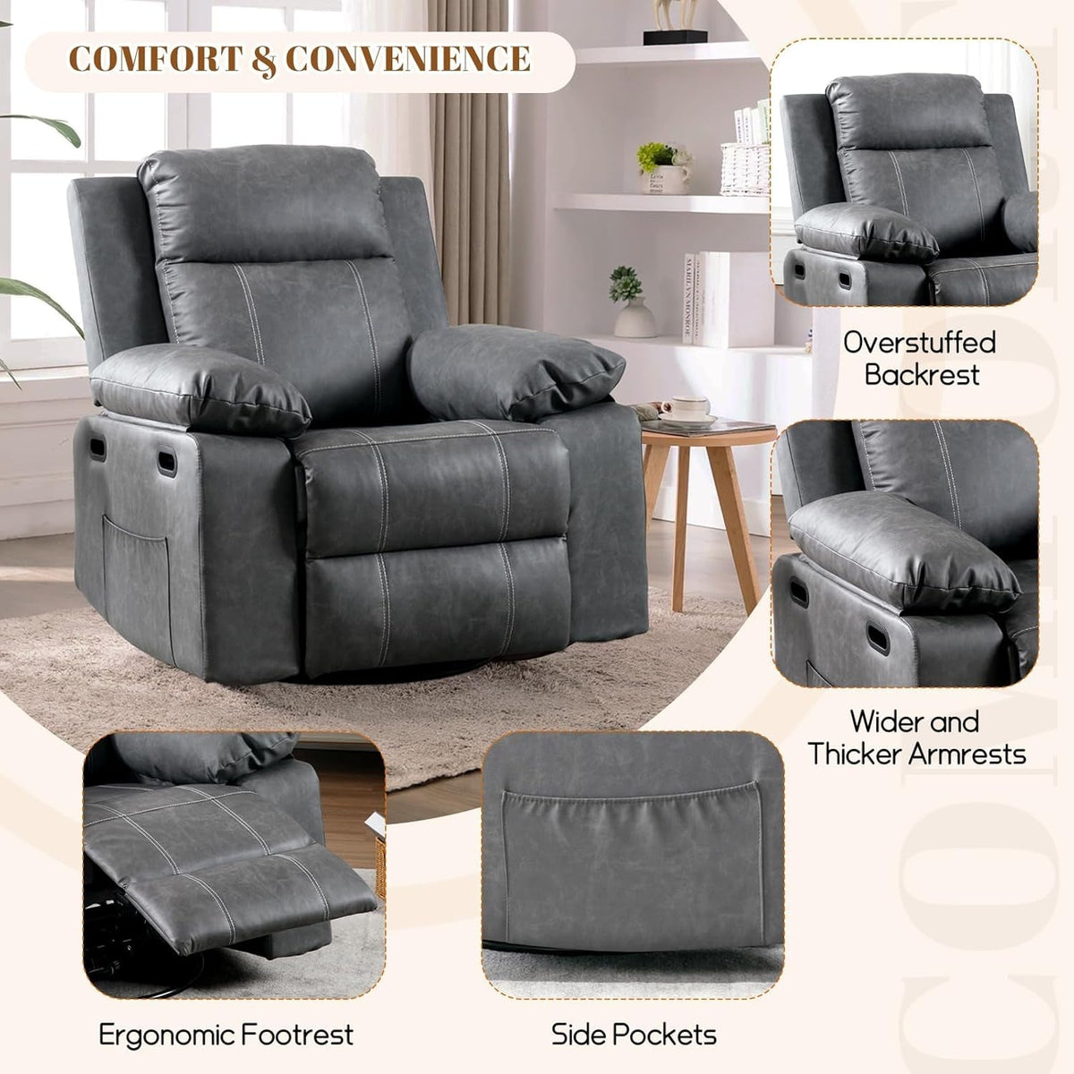 360 Degree Swivel Recliner Chair With Massage And Heat Grey
