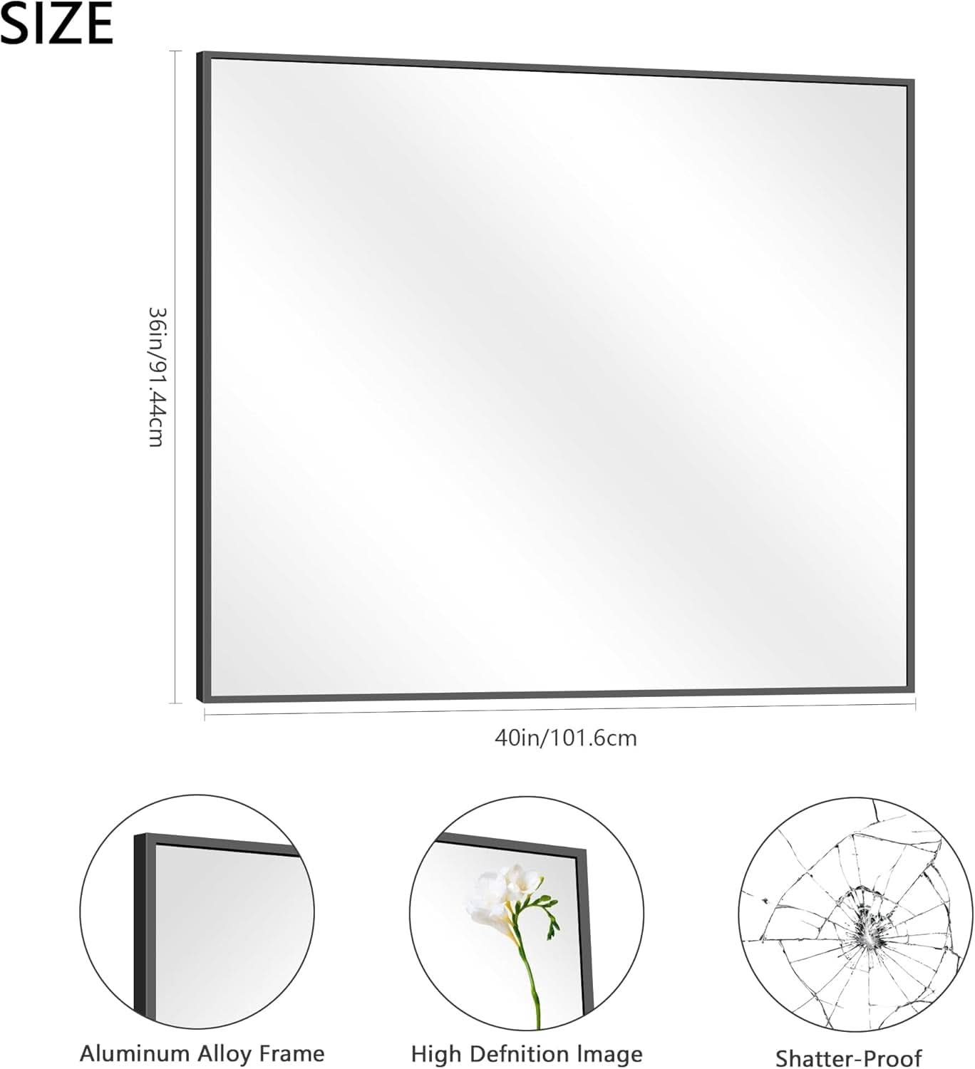 36x40 Black Wall Mirror With Horizontal Or Vertical Mount