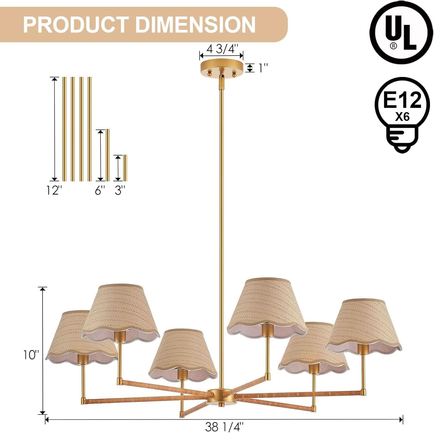 39 Inch Boho Rattan Chandelier Pendant Light 6 Lights