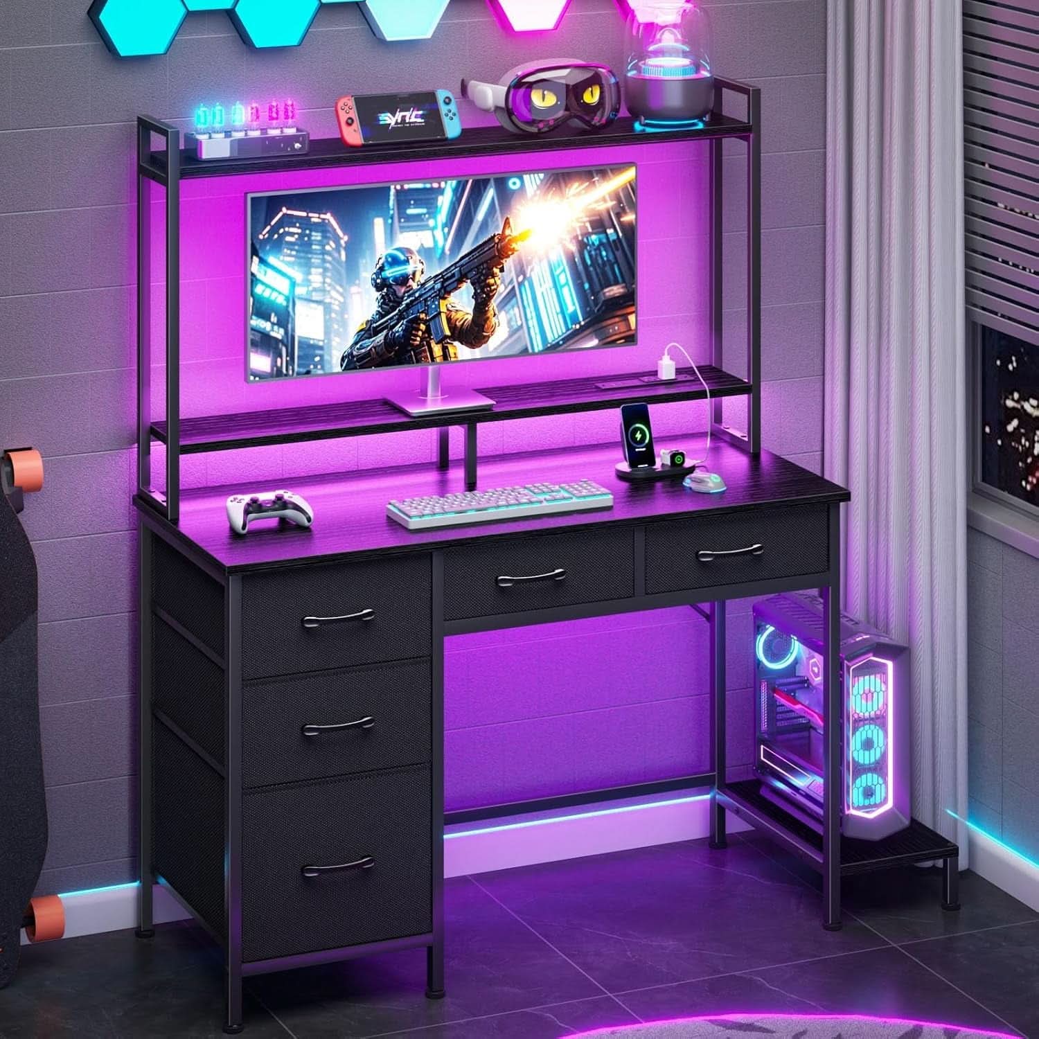 39 Inch Gaming Desk With LED Lighting And Hutch Sturdy Workspace
