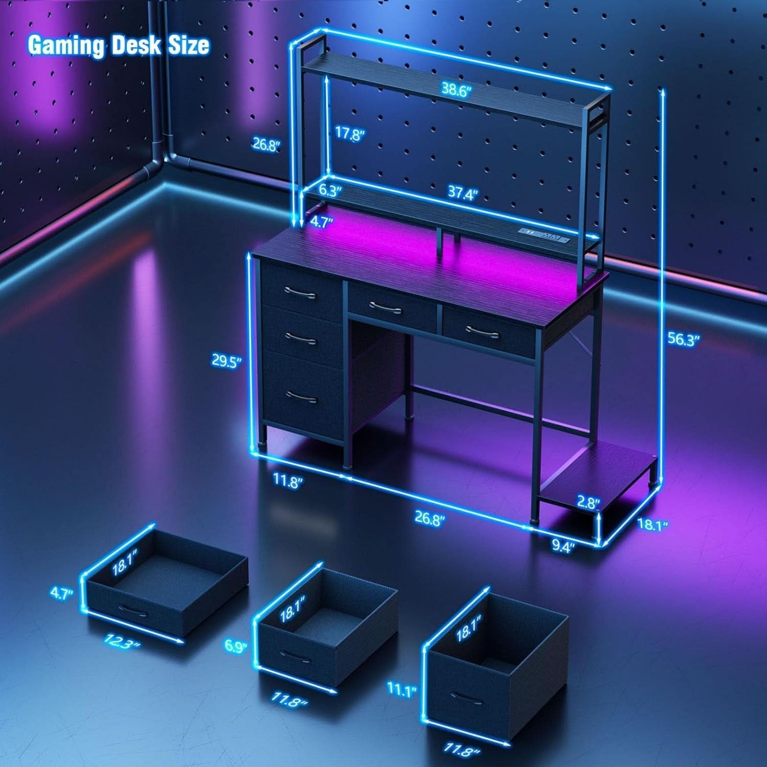 39 Inch Gaming Desk With LED Lighting And Hutch Sturdy Workspace