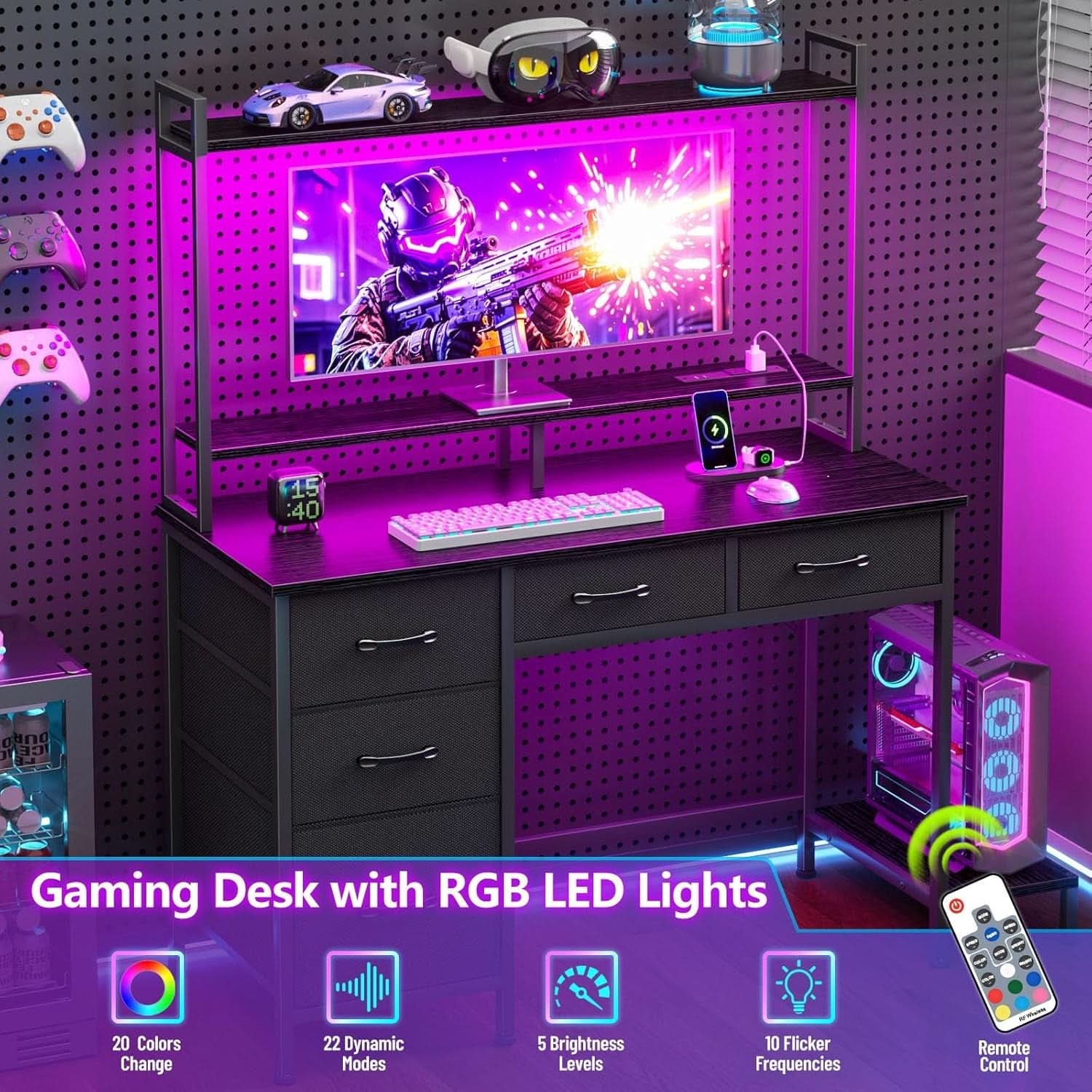39 Inch Gaming Desk With LED Lighting And Hutch Sturdy Workspace