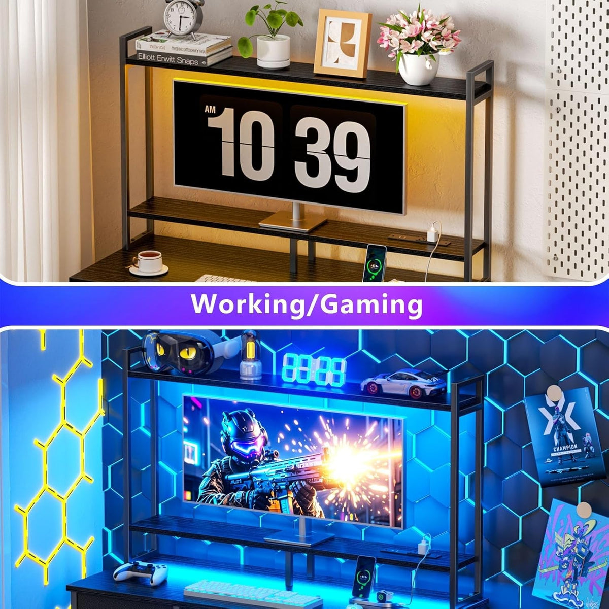 39 Inch Gaming Desk With LED Lighting And Hutch Sturdy Workspace
