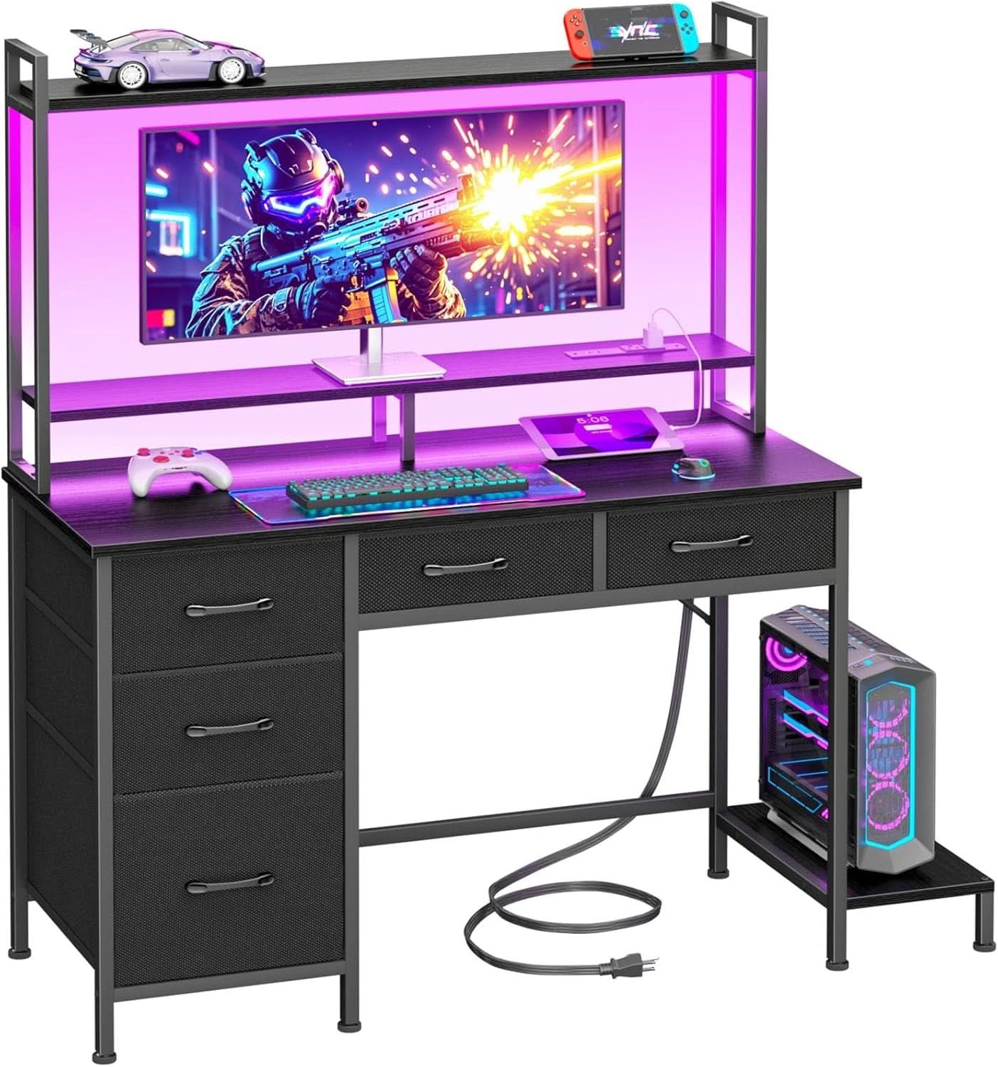 39 Inch Gaming Desk With LED Lighting And Hutch Sturdy Workspace