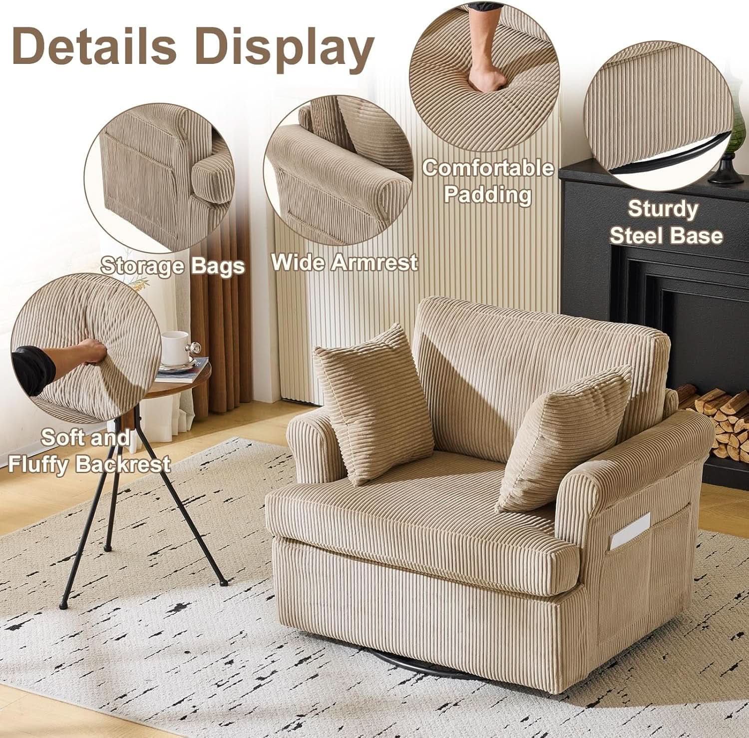 39 Inch Khaki Corduroy Swivel Barrel Chair Open Back