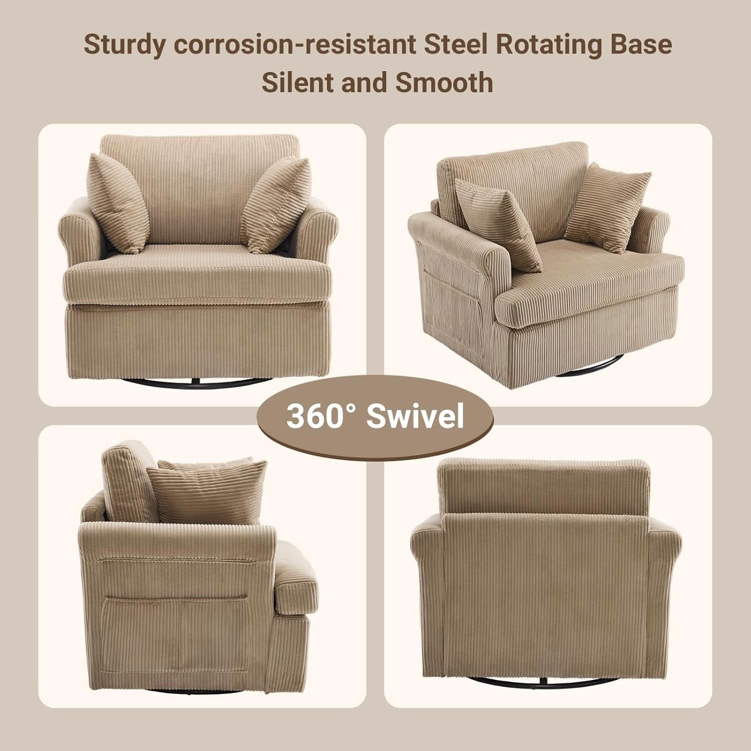 39 Inch Khaki Corduroy Swivel Barrel Chair Open Back