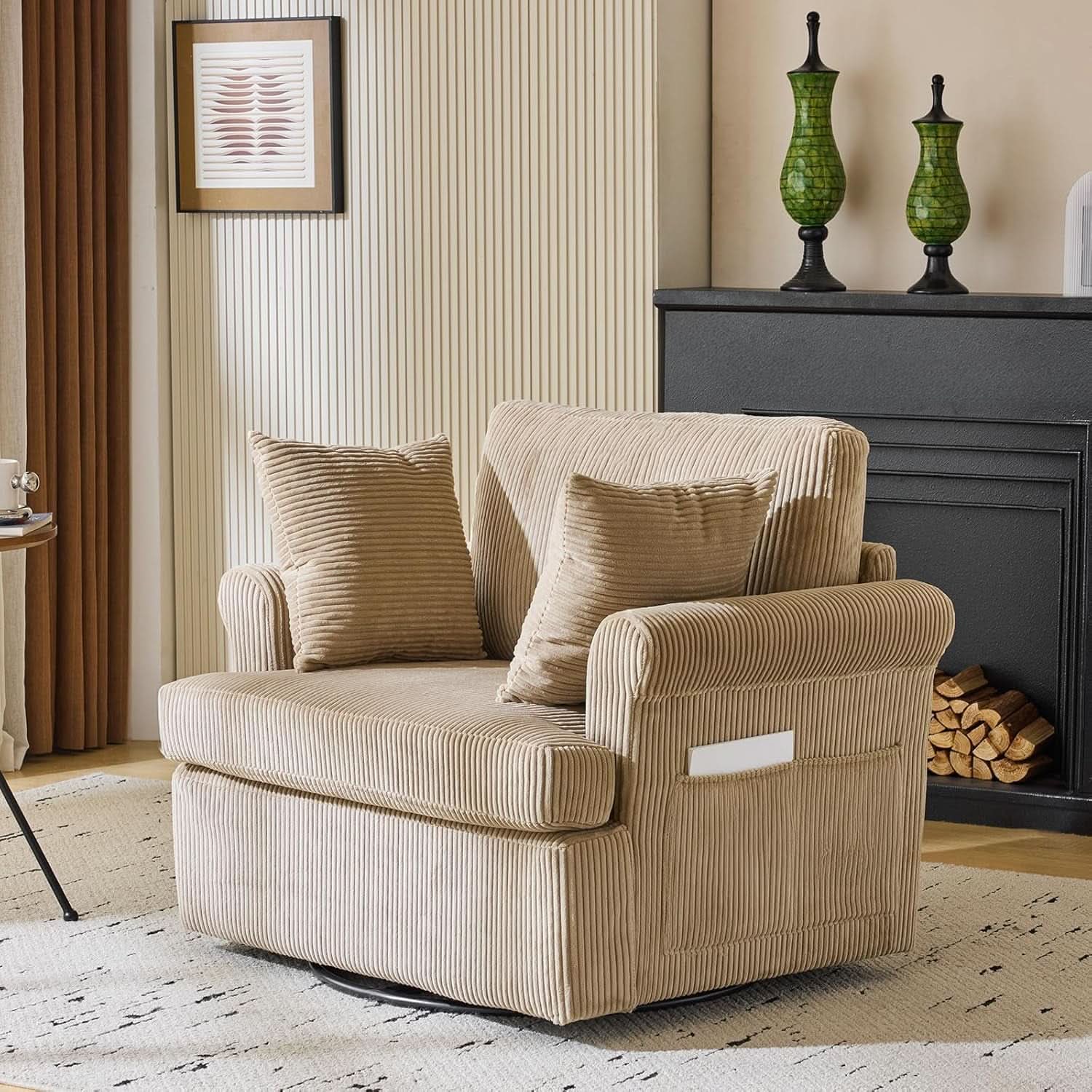 39 Inch Khaki Corduroy Swivel Barrel Chair Open Back