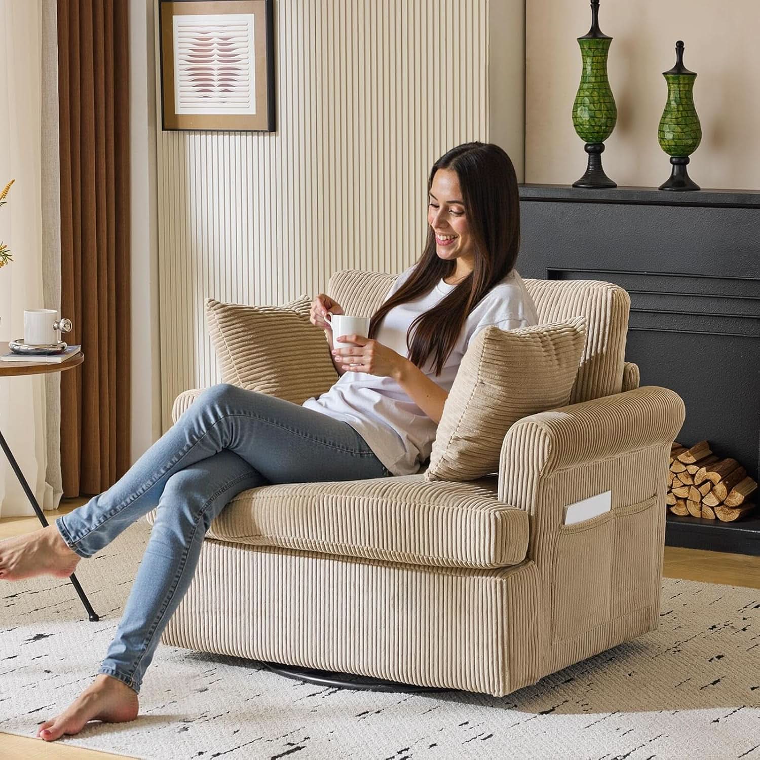 39 Inch Khaki Corduroy Swivel Barrel Chair Open Back