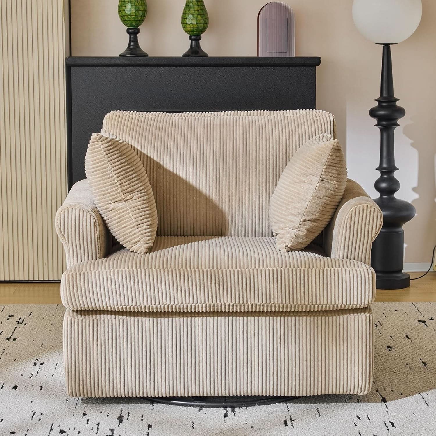 39 Inch Khaki Corduroy Swivel Barrel Chair Open Back