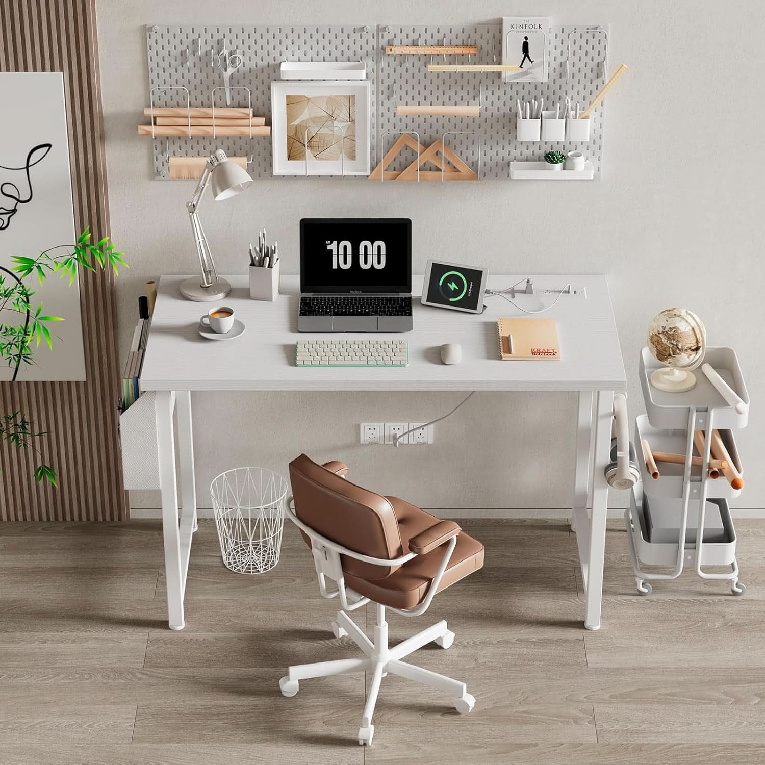 39 Inch White Computer Desk With Built In Power Outlets
