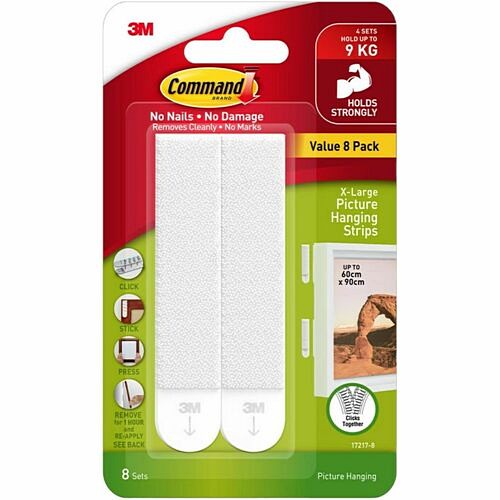 3M Command 20 lb White Picture Hanging Strips, 8 Pairs – Damage-Free Wall Hooks for Renters