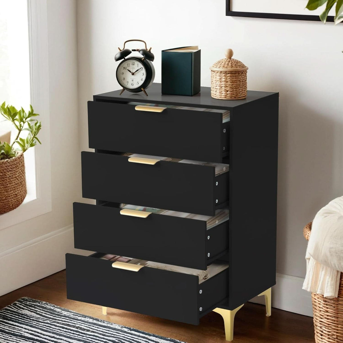 4 Drawer Black Wood Dresser For Bedroom Living Room