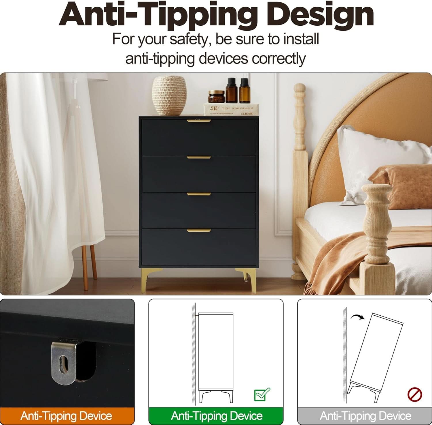 4 Drawer Black Wood Dresser For Bedroom Living Room