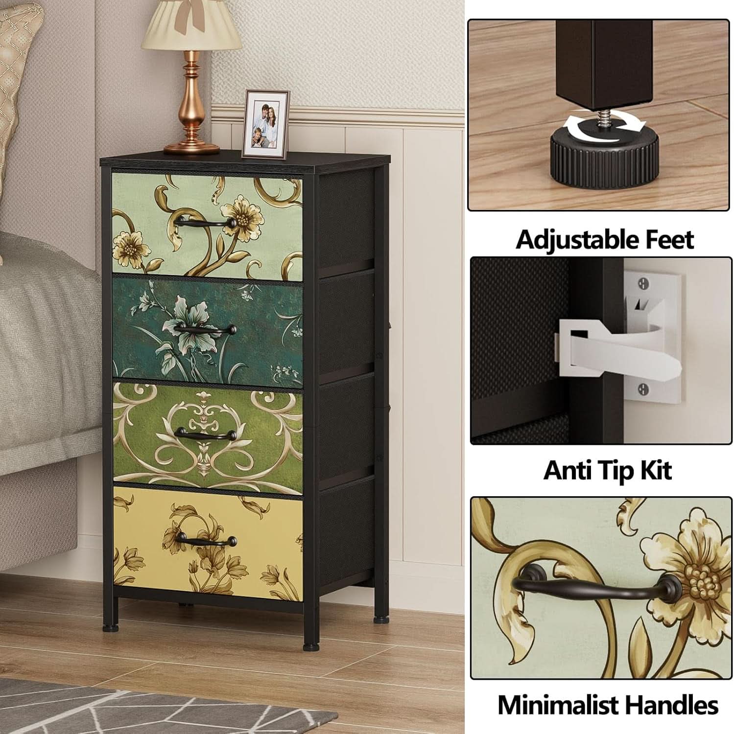 4 Drawer Dresser Nightstand With Wood Top For Bedroom