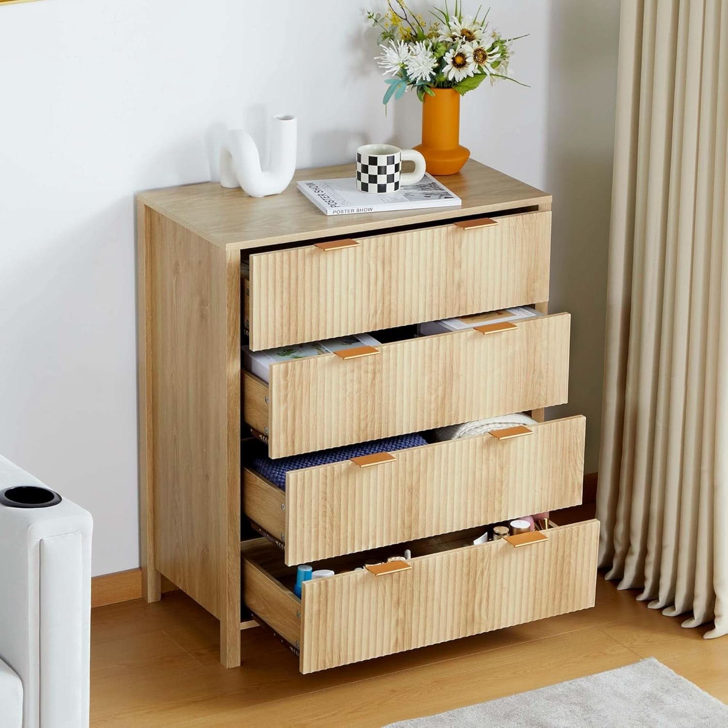 4 Drawer Dresser With Fluted Wave Panel Natural Wood