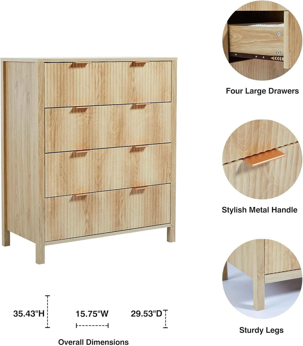 4 Drawer Dresser With Fluted Wave Panel Natural Wood