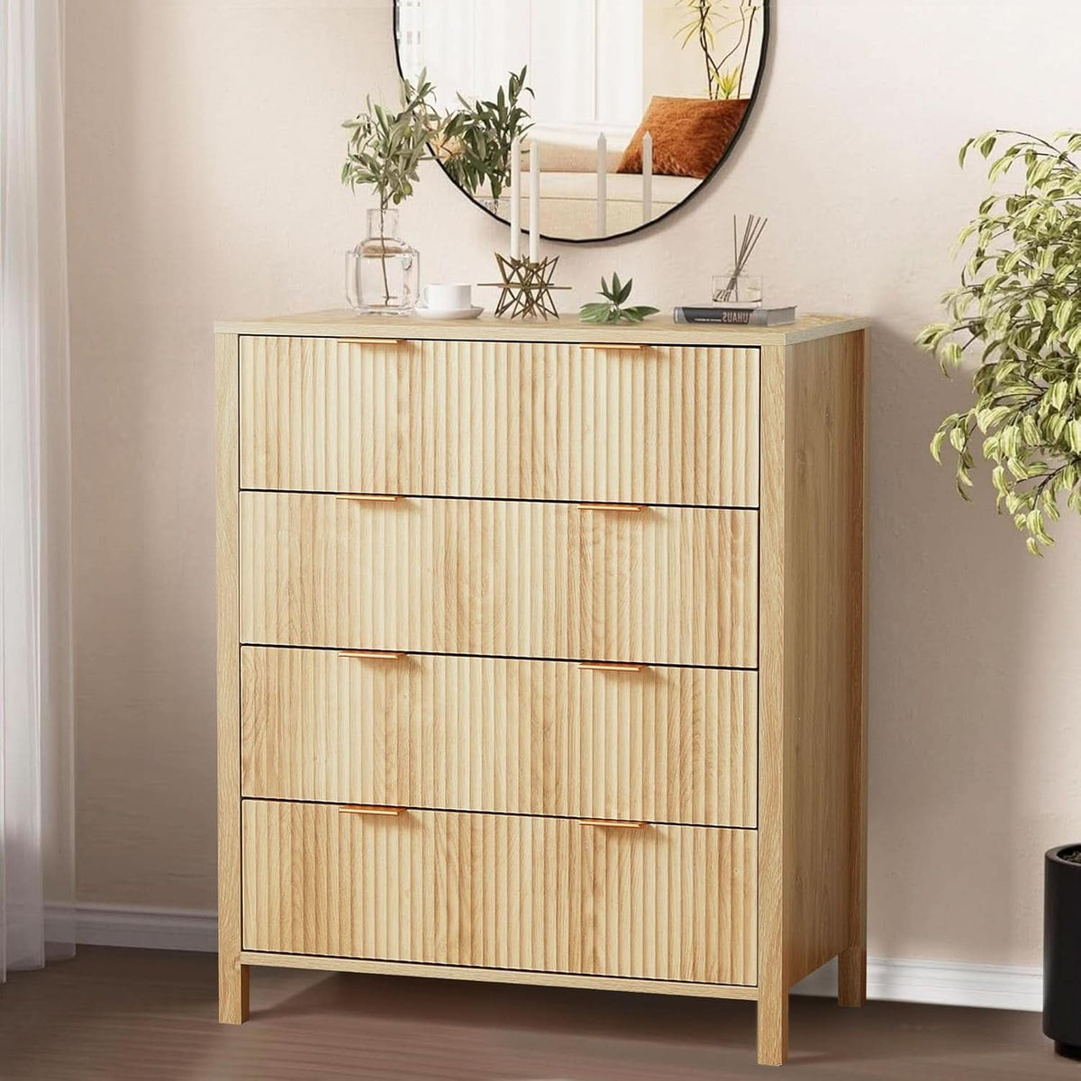 4 Drawer Dresser With Fluted Wave Panel Natural Wood