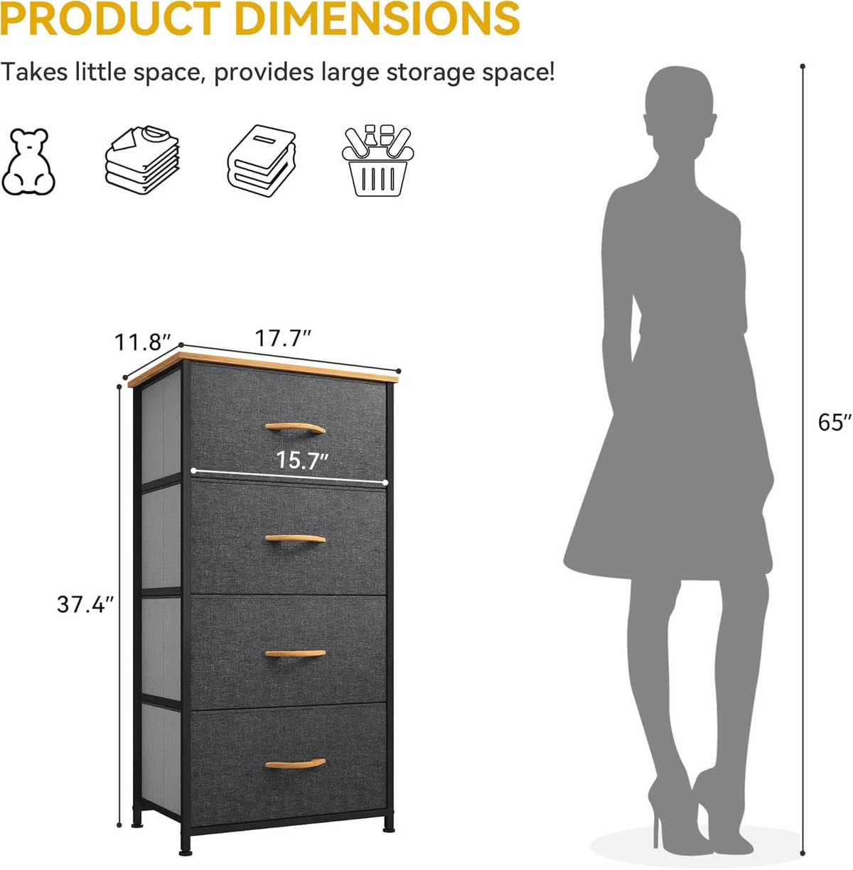 4 Drawer Dresser With Wooden Top And Fabric Storage