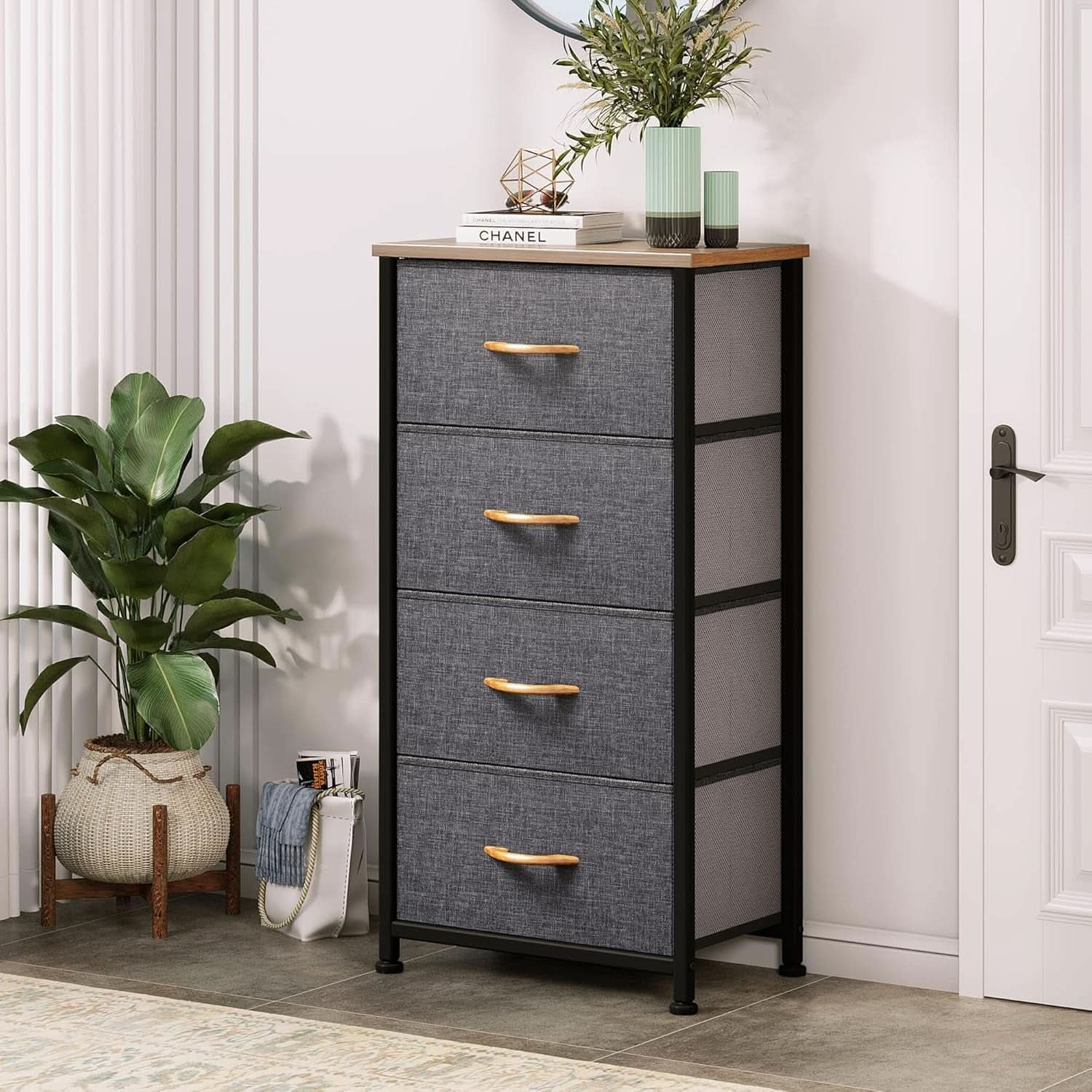 4 Drawer Dresser With Wooden Top And Fabric Storage