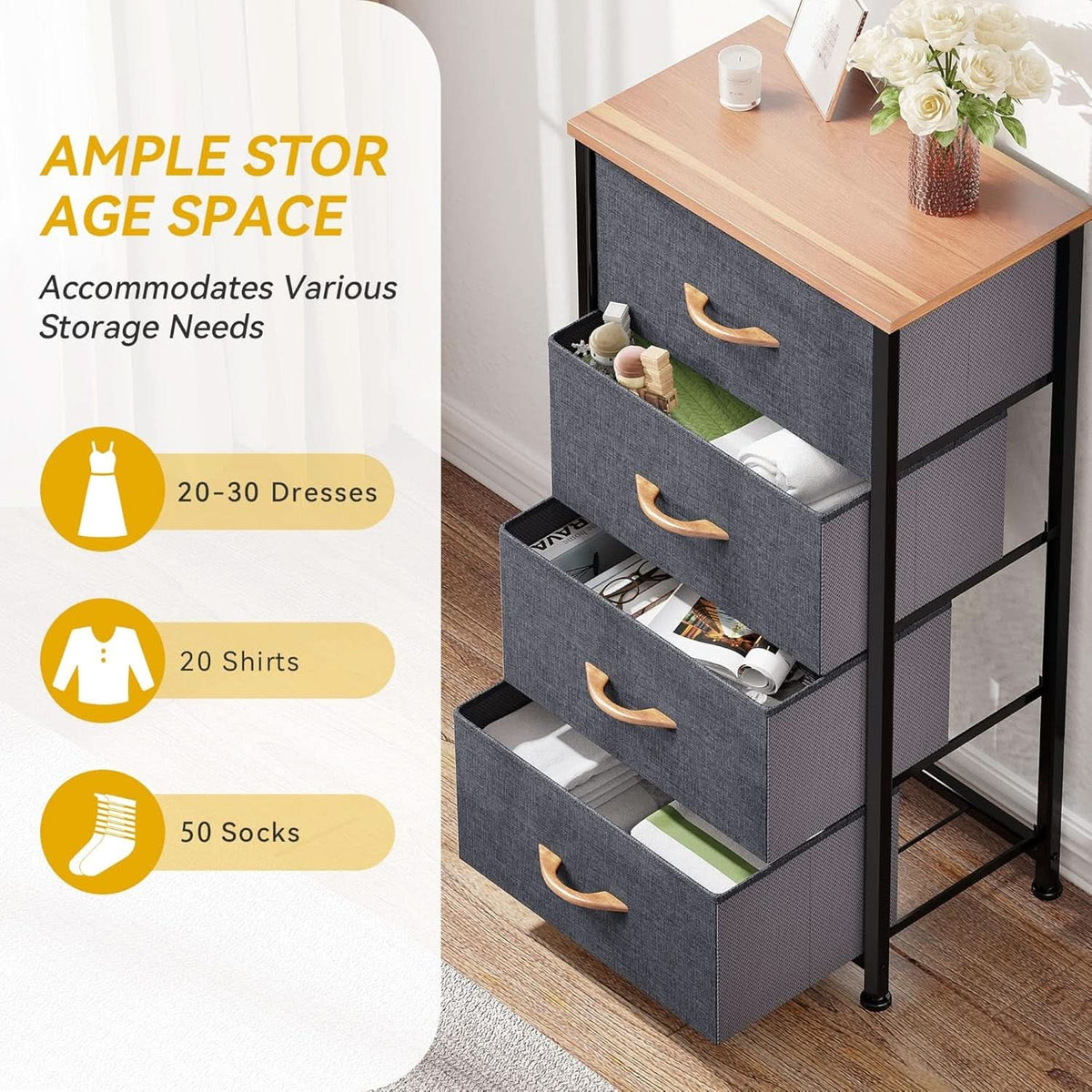 4 Drawer Dresser With Wooden Top And Fabric Storage