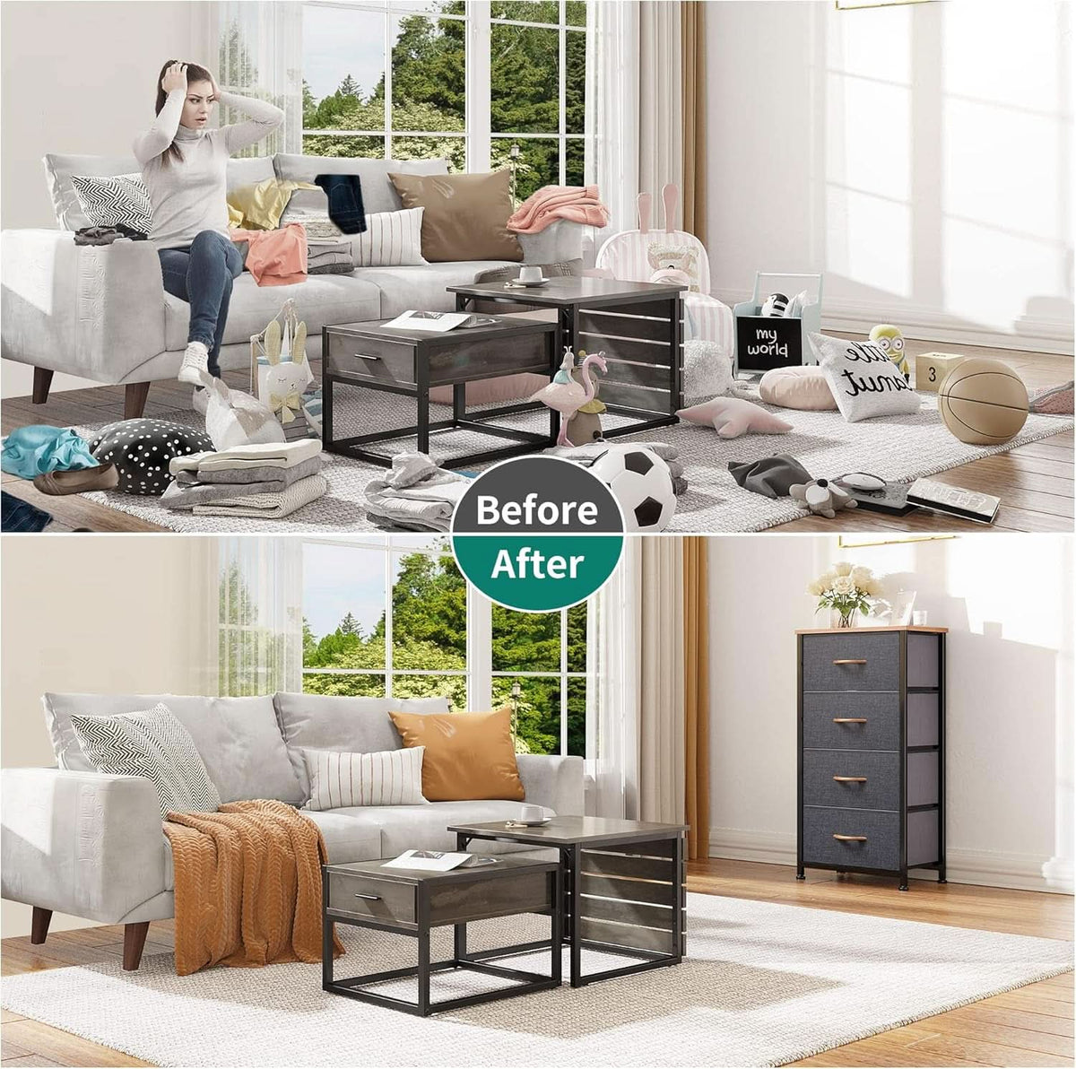 4 Drawer Dresser With Wooden Top And Fabric Storage