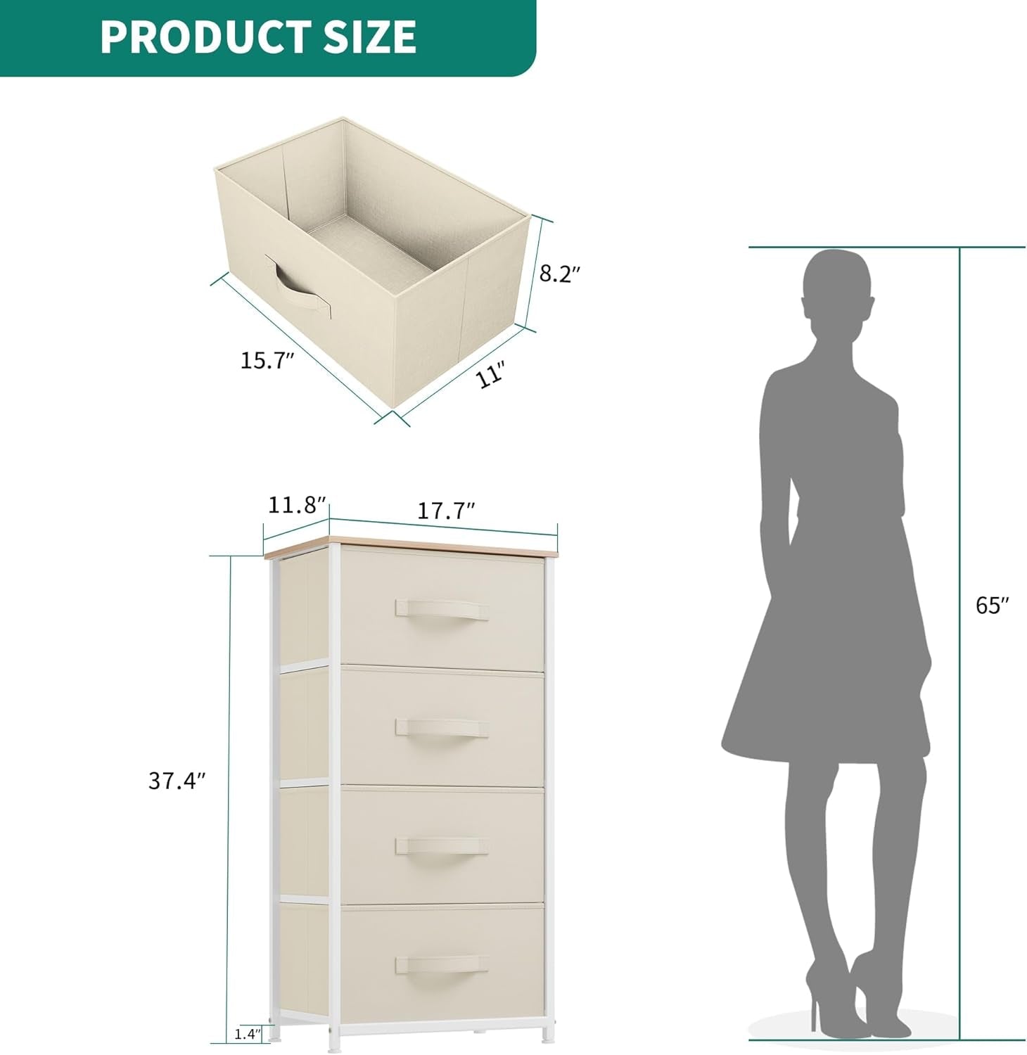 4 Drawer Fabric Dresser With Wooden Top And Easy Pull Bins