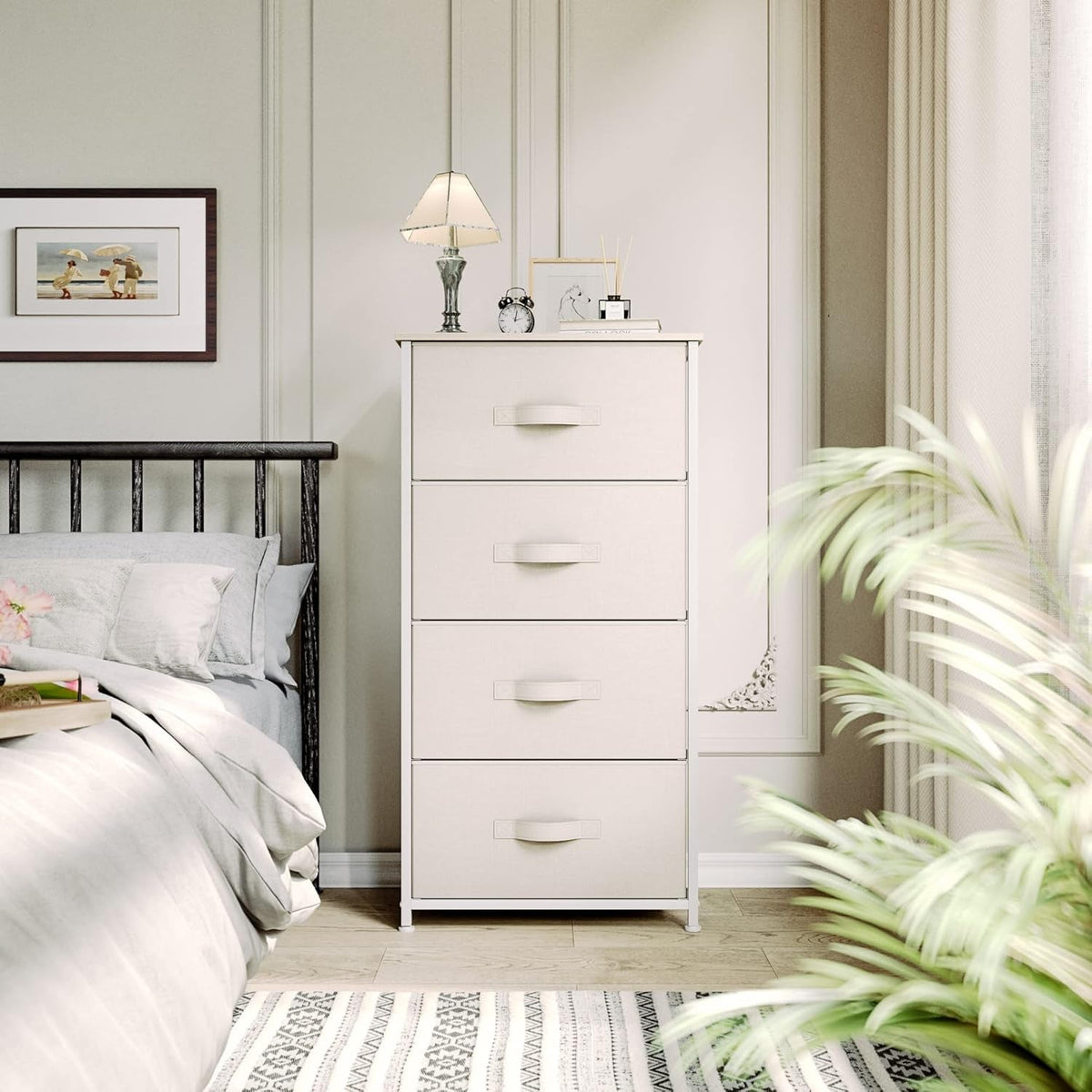 4 Drawer Fabric Dresser With Wooden Top And Easy Pull Bins