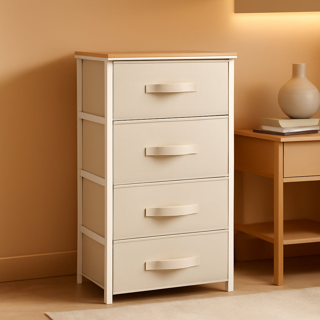 4 Drawer Fabric Dresser With Wooden Top And Easy Pull Bins