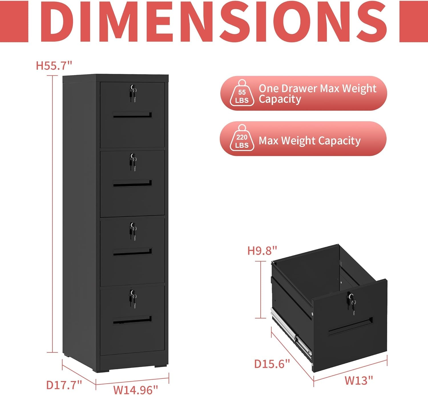 4 Drawer Lockable File Cabinet For A4 Letter Legal Files