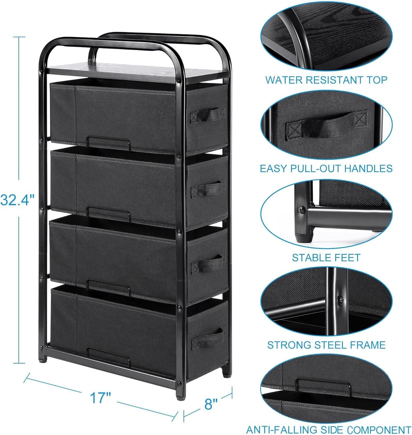 4 Drawer Narrow Fabric Dresser Storage Tower With Wood Top Black
